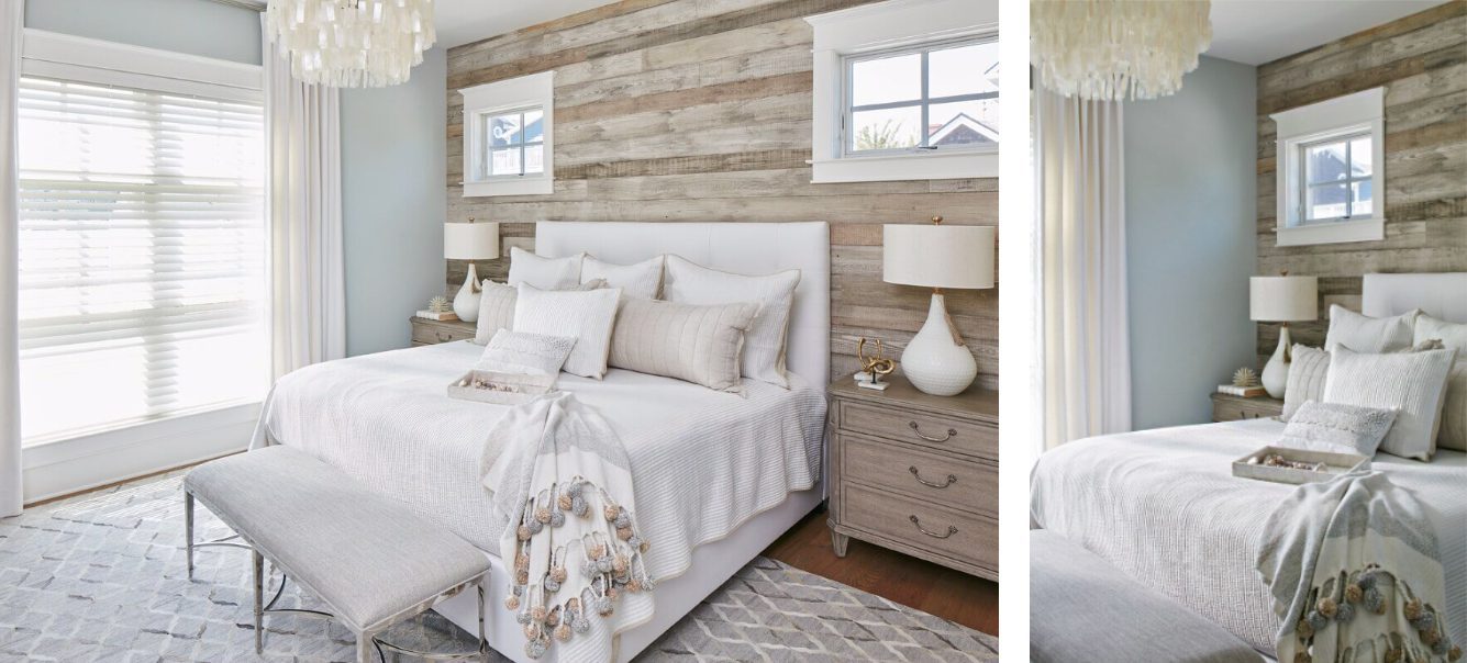 Two photos side by side of master bedroom with white bedding, chandelier, shiplap, and natural wood chests.